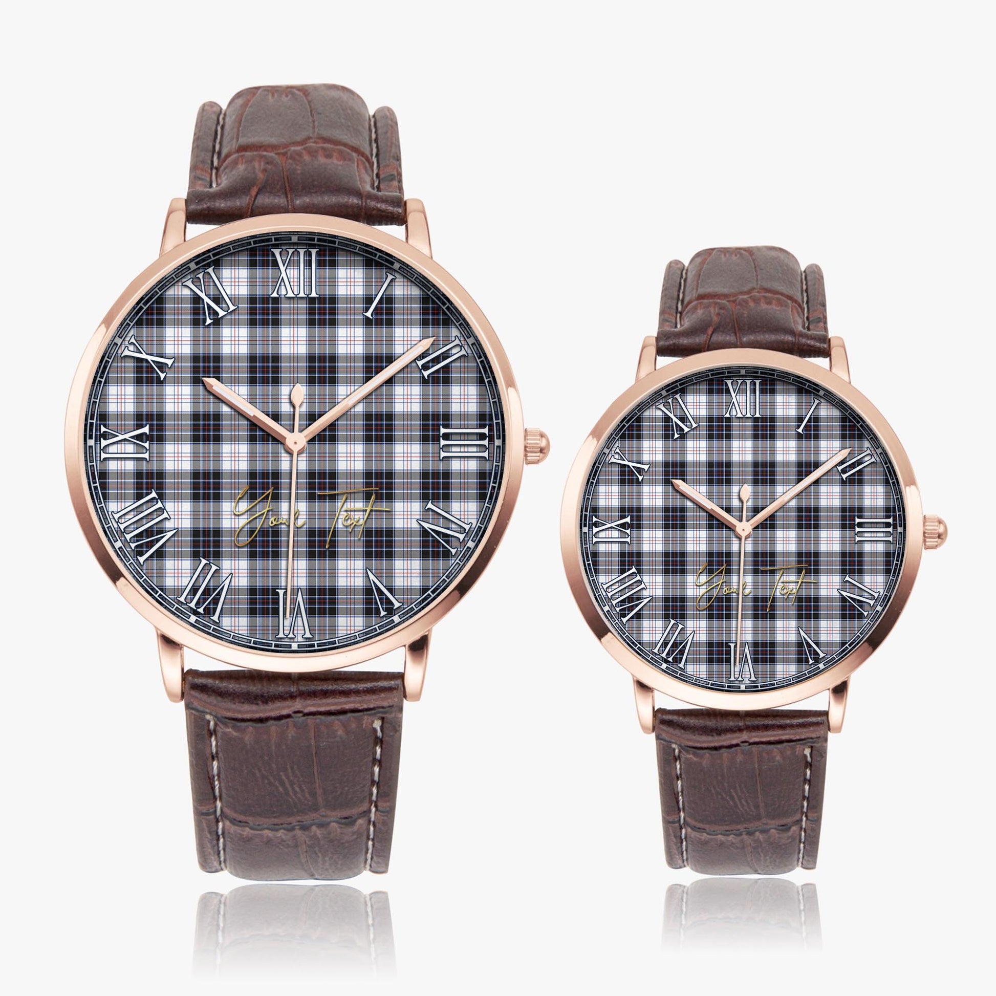 MacRae Dress Modern Tartan Personalized Your Text Leather Trap Quartz Watch Ultra Thin Rose Gold Case With Brown Leather Strap - Tartanvibesclothing