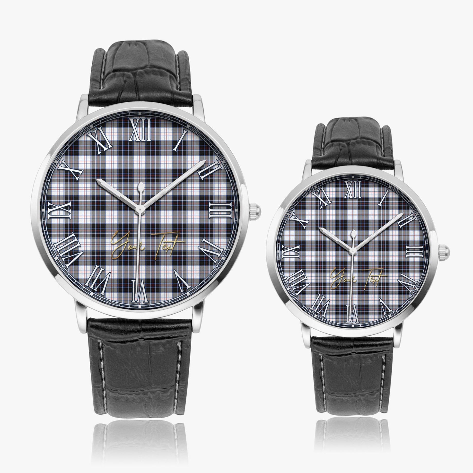 MacRae Dress Modern Tartan Personalized Your Text Leather Trap Quartz Watch Ultra Thin Silver Case With Black Leather Strap - Tartanvibesclothing