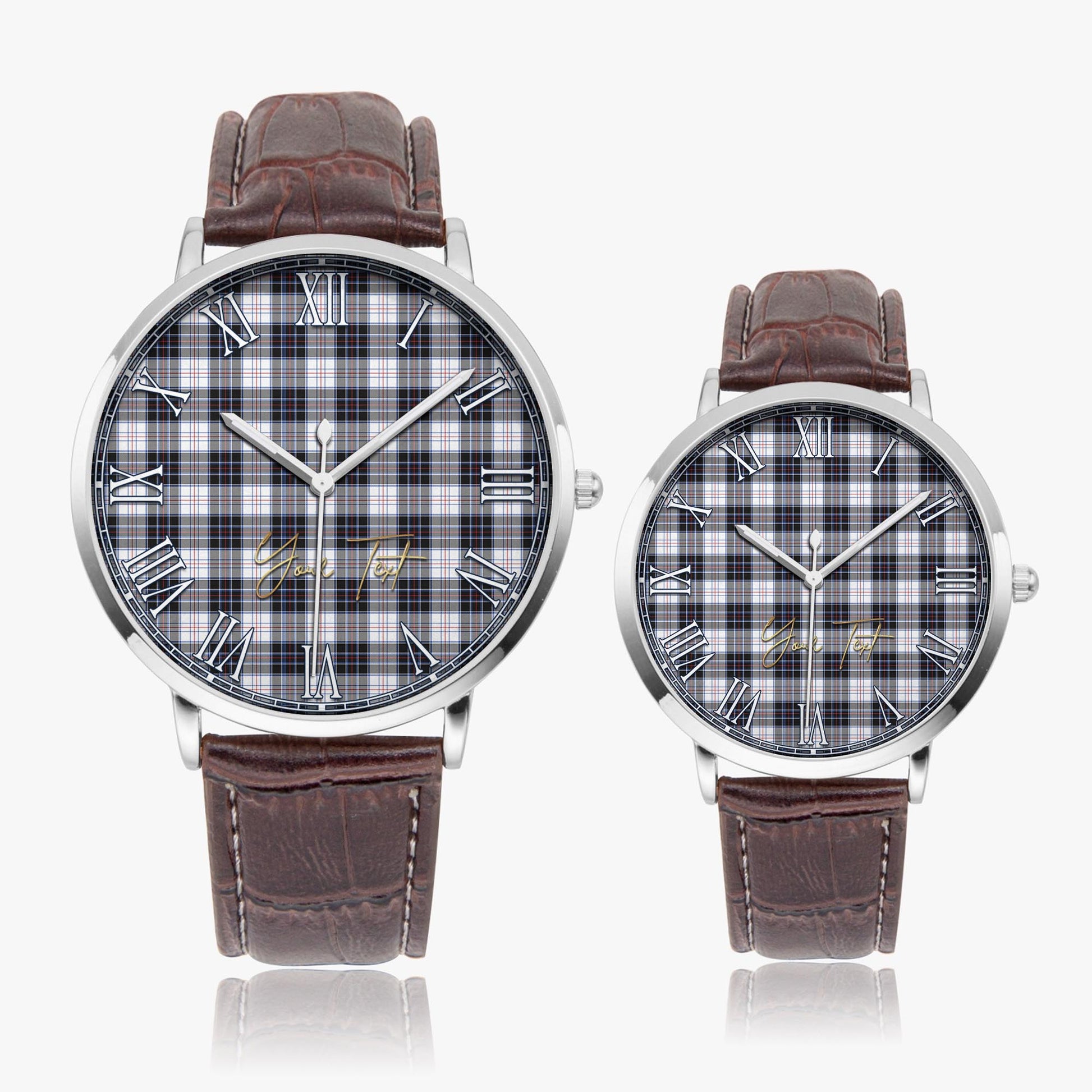 MacRae Dress Modern Tartan Personalized Your Text Leather Trap Quartz Watch Ultra Thin Silver Case With Brown Leather Strap - Tartanvibesclothing