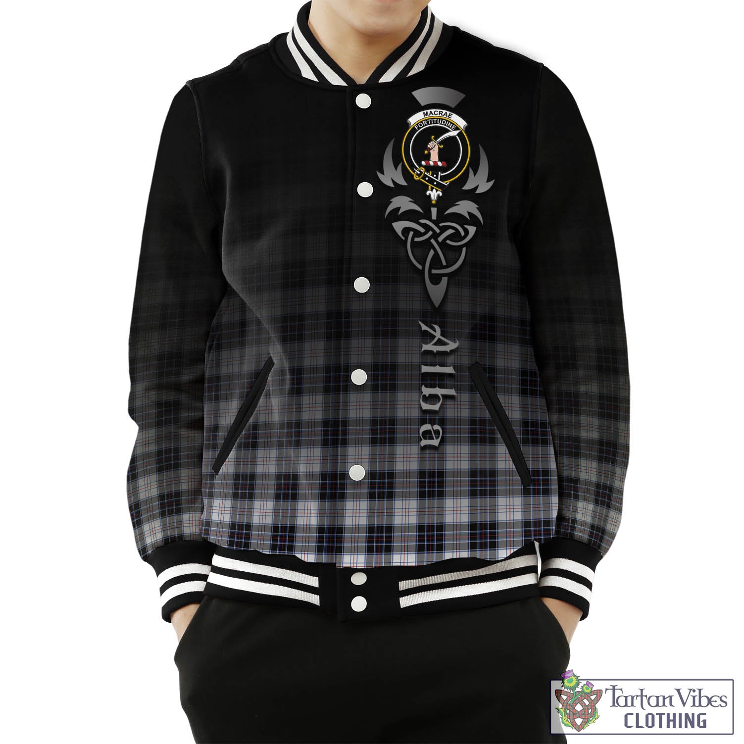 Tartan Vibes Clothing MacRae Dress Modern Tartan Baseball Jacket Featuring Alba Gu Brath Family Crest Celtic Inspired