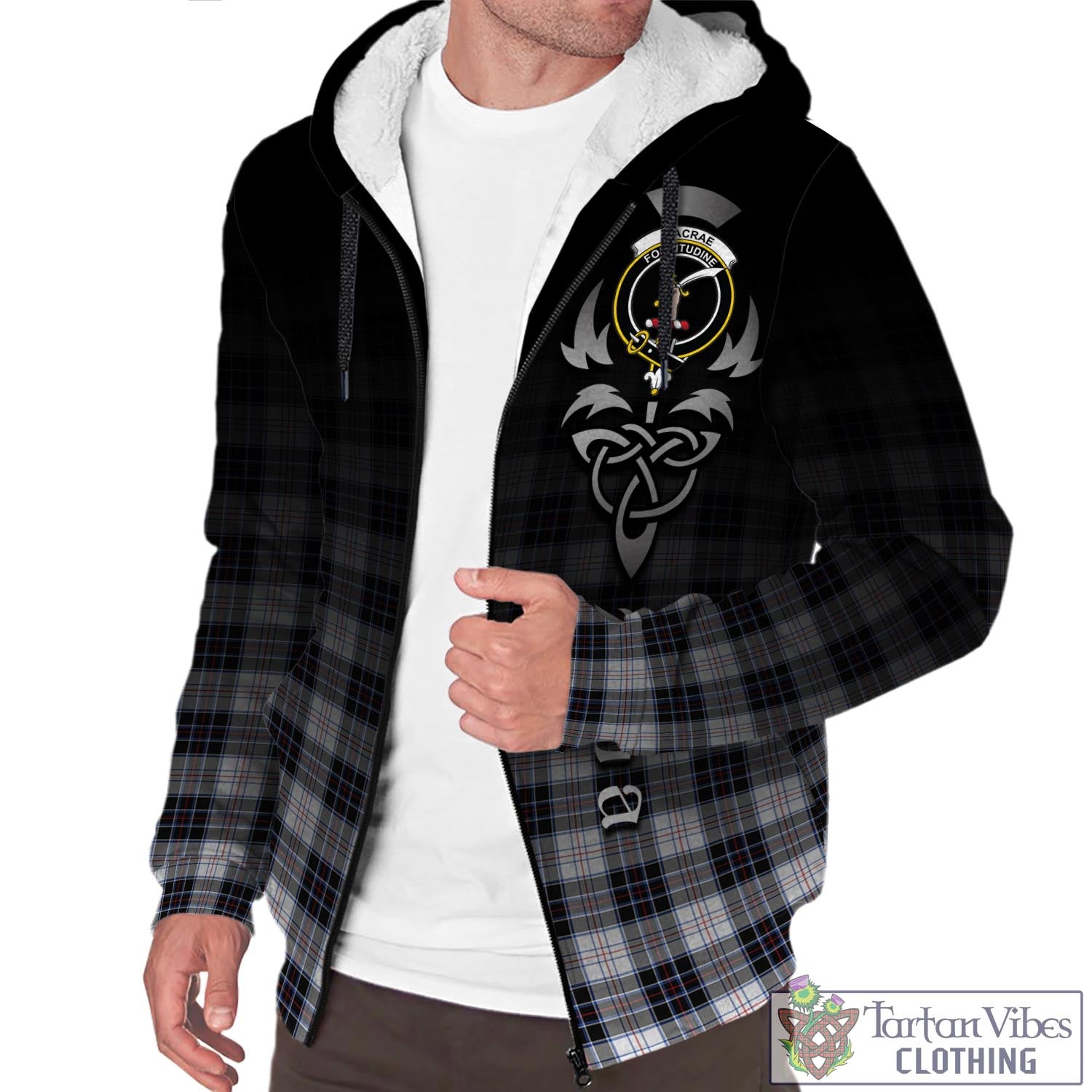 Tartan Vibes Clothing MacRae Dress Modern Tartan Sherpa Hoodie Featuring Alba Gu Brath Family Crest Celtic Inspired