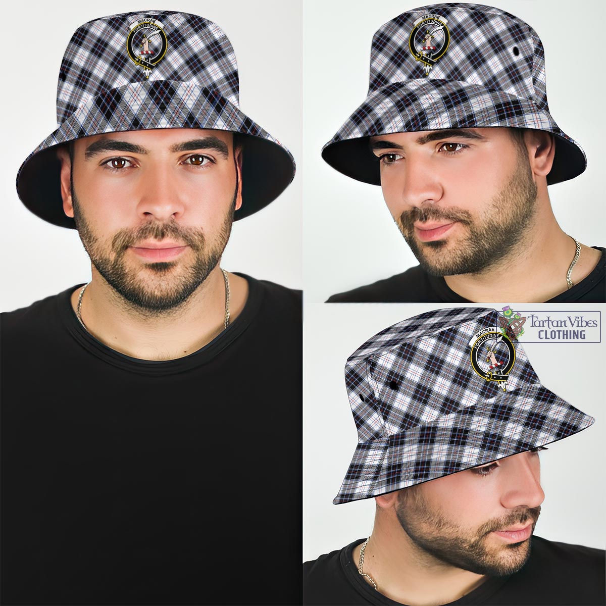 Tartan Vibes Clothing MacRae Dress Modern Tartan Bucket Hat with Family Crest