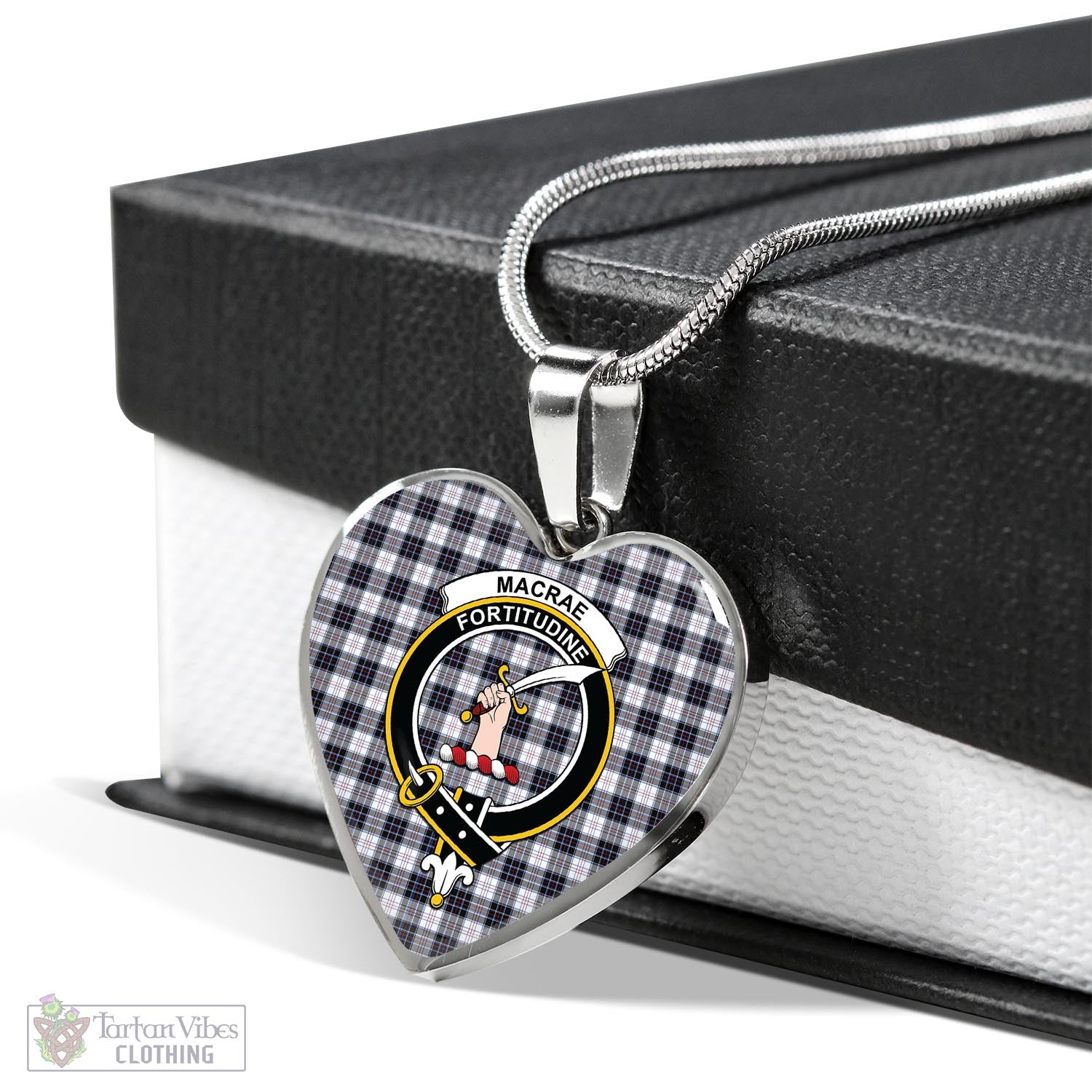 Tartan Vibes Clothing MacRae Dress Modern Tartan Heart Necklace with Family Crest