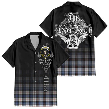 MacRae Dress Modern Tartan Short Sleeve Button Up Shirt Featuring Alba Gu Brath Family Crest Celtic Inspired