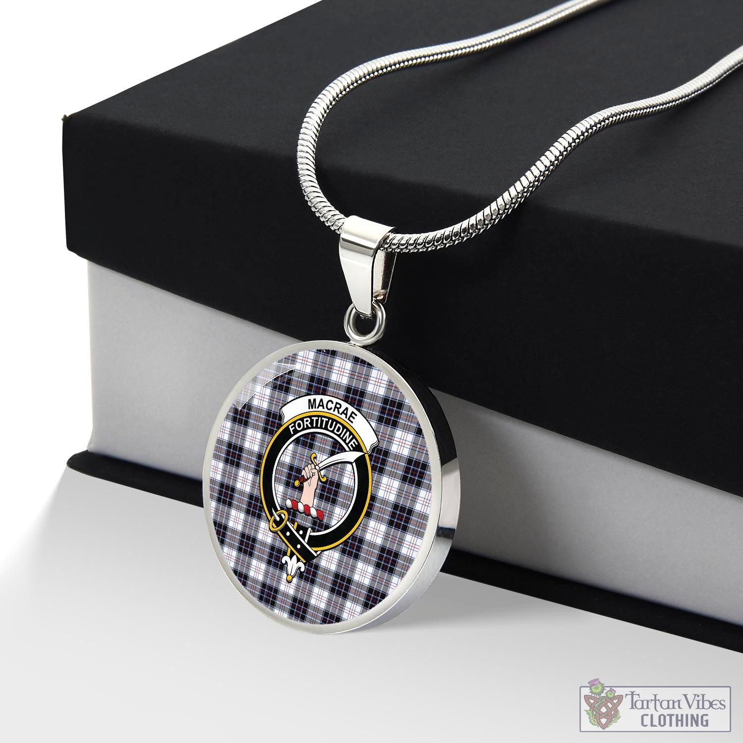 Tartan Vibes Clothing MacRae Dress Modern Tartan Circle Necklace with Family Crest