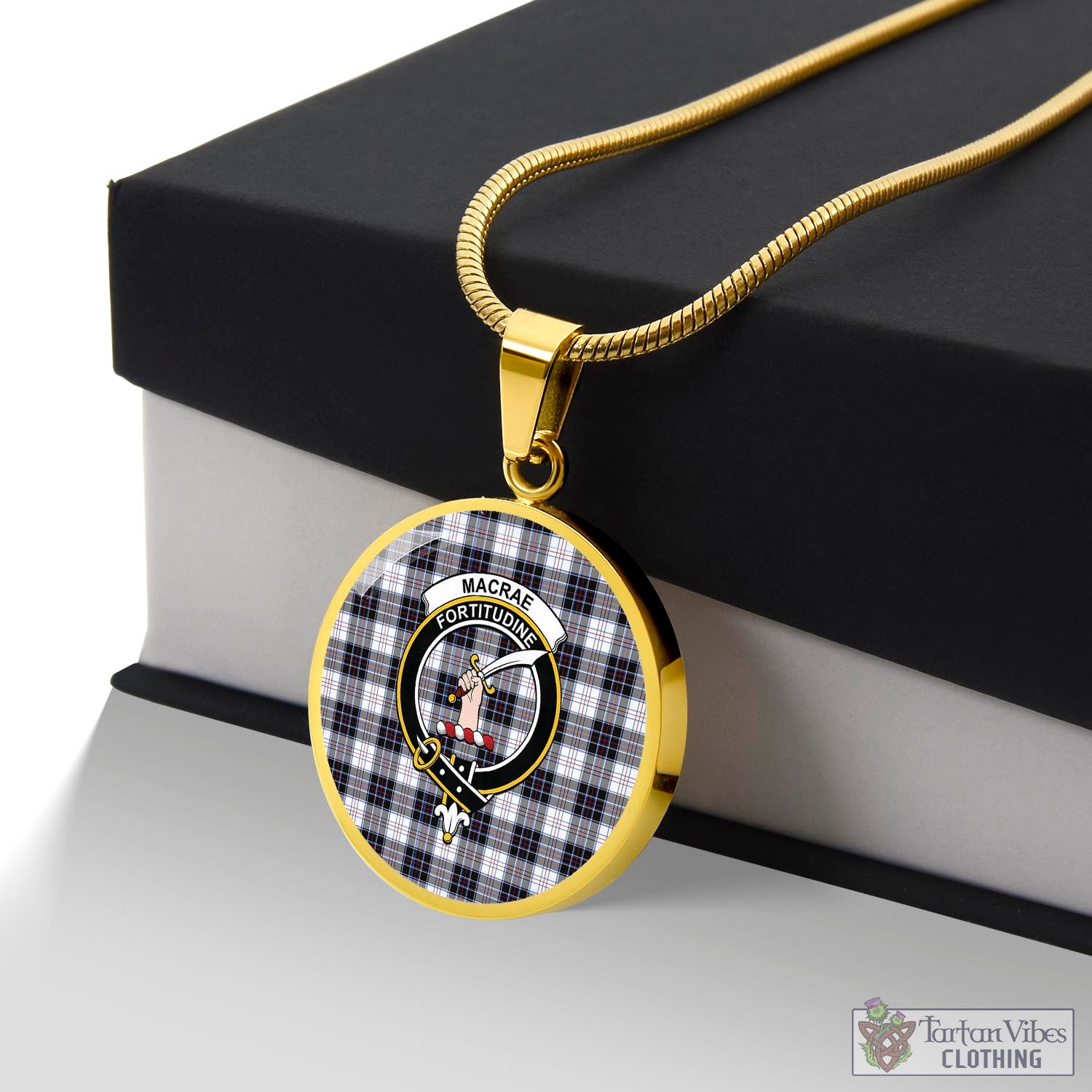 Tartan Vibes Clothing MacRae Dress Modern Tartan Circle Necklace with Family Crest