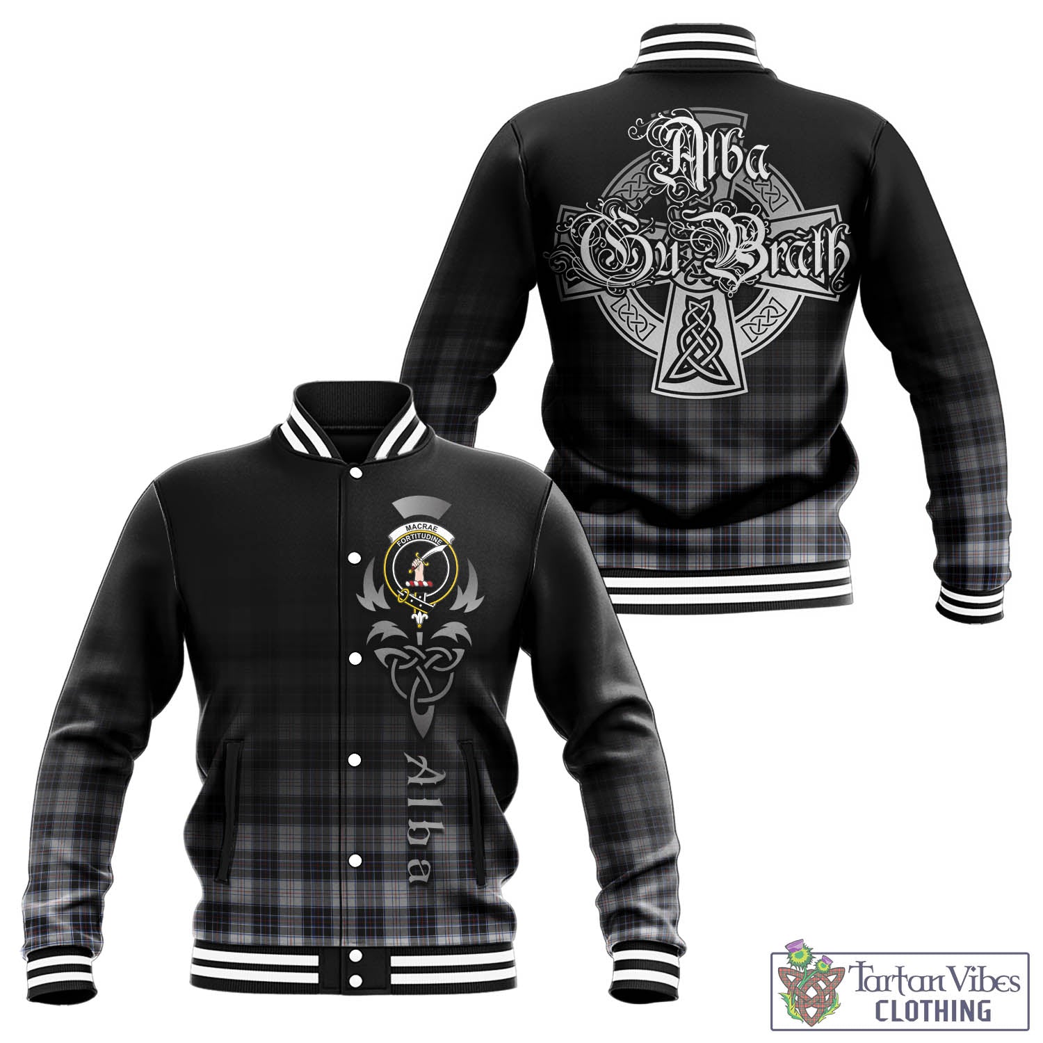 Tartan Vibes Clothing MacRae Dress Modern Tartan Baseball Jacket Featuring Alba Gu Brath Family Crest Celtic Inspired