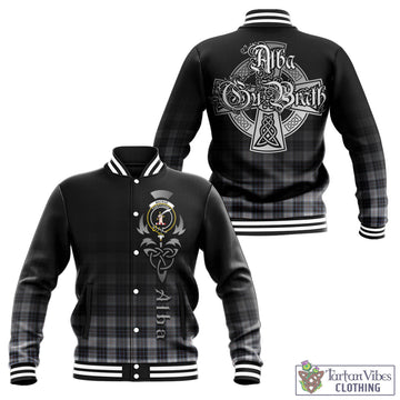 MacRae Dress Modern Tartan Baseball Jacket Featuring Alba Gu Brath Family Crest Celtic Inspired