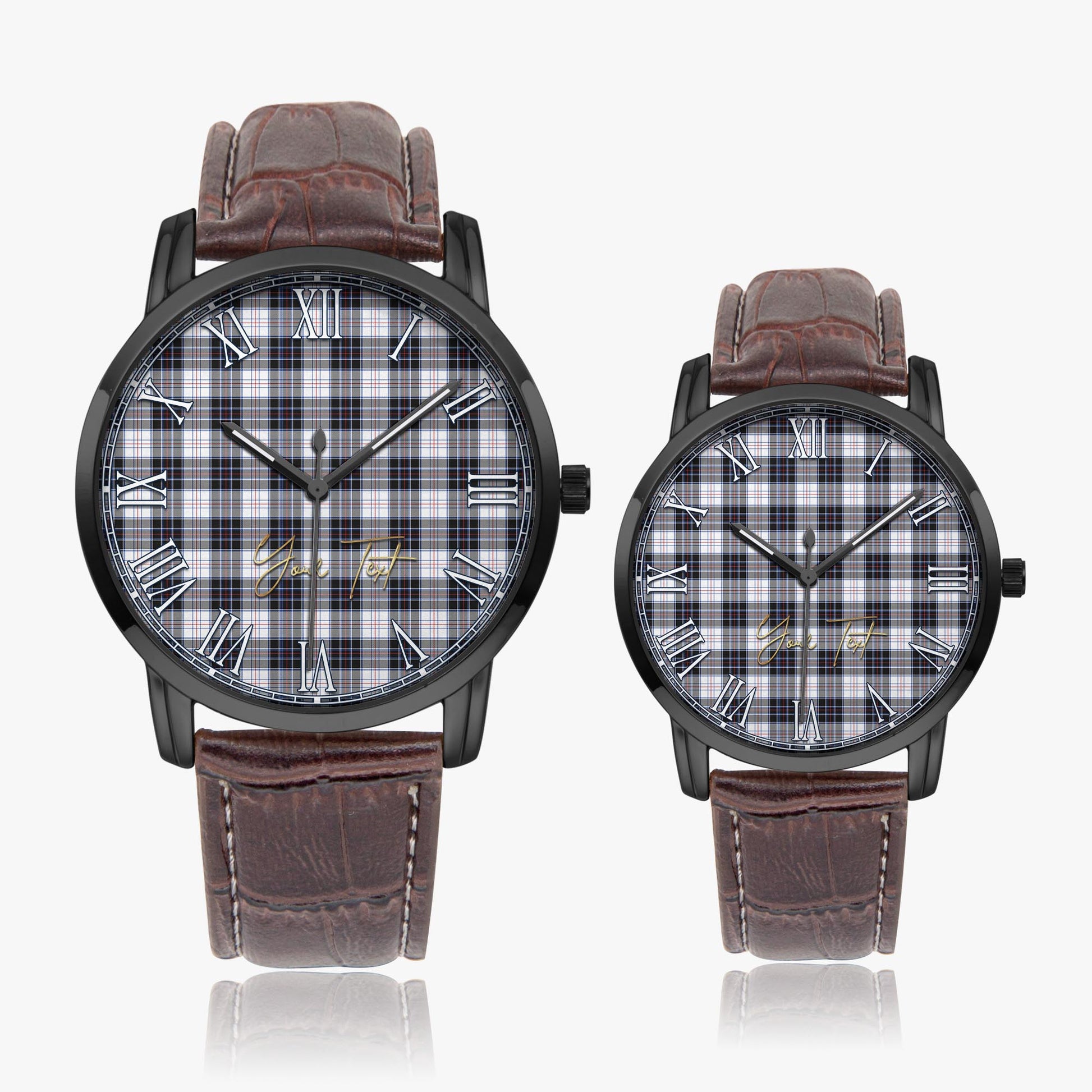 MacRae Dress Modern Tartan Personalized Your Text Leather Trap Quartz Watch Wide Type Black Case With Brown Leather Strap - Tartanvibesclothing