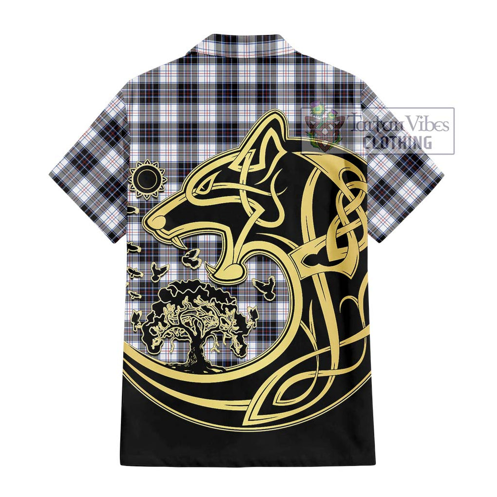 MacRae Dress Modern Tartan Short Sleeve Button Shirt with Family Crest Celtic Wolf Style - Tartan Vibes Clothing