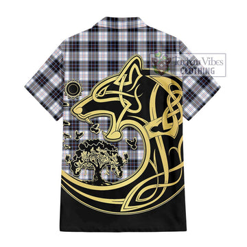 MacRae Dress Modern Tartan Short Sleeve Button Shirt with Family Crest Celtic Wolf Style