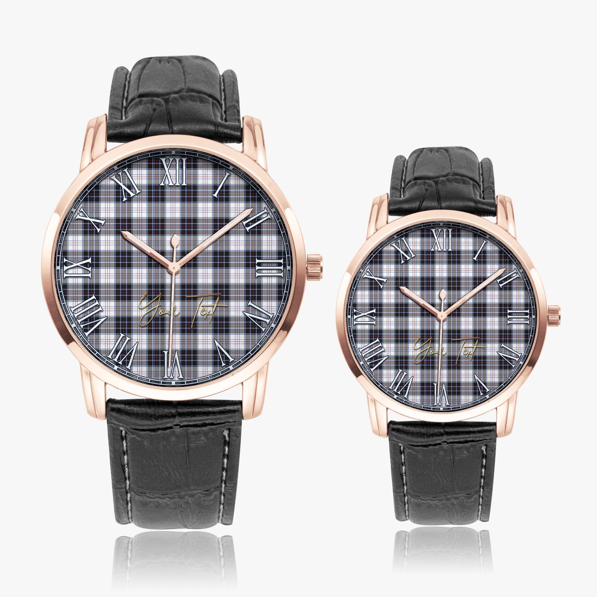 MacRae Dress Modern Tartan Personalized Your Text Leather Trap Quartz Watch Wide Type Rose Gold Case With Black Leather Strap - Tartanvibesclothing