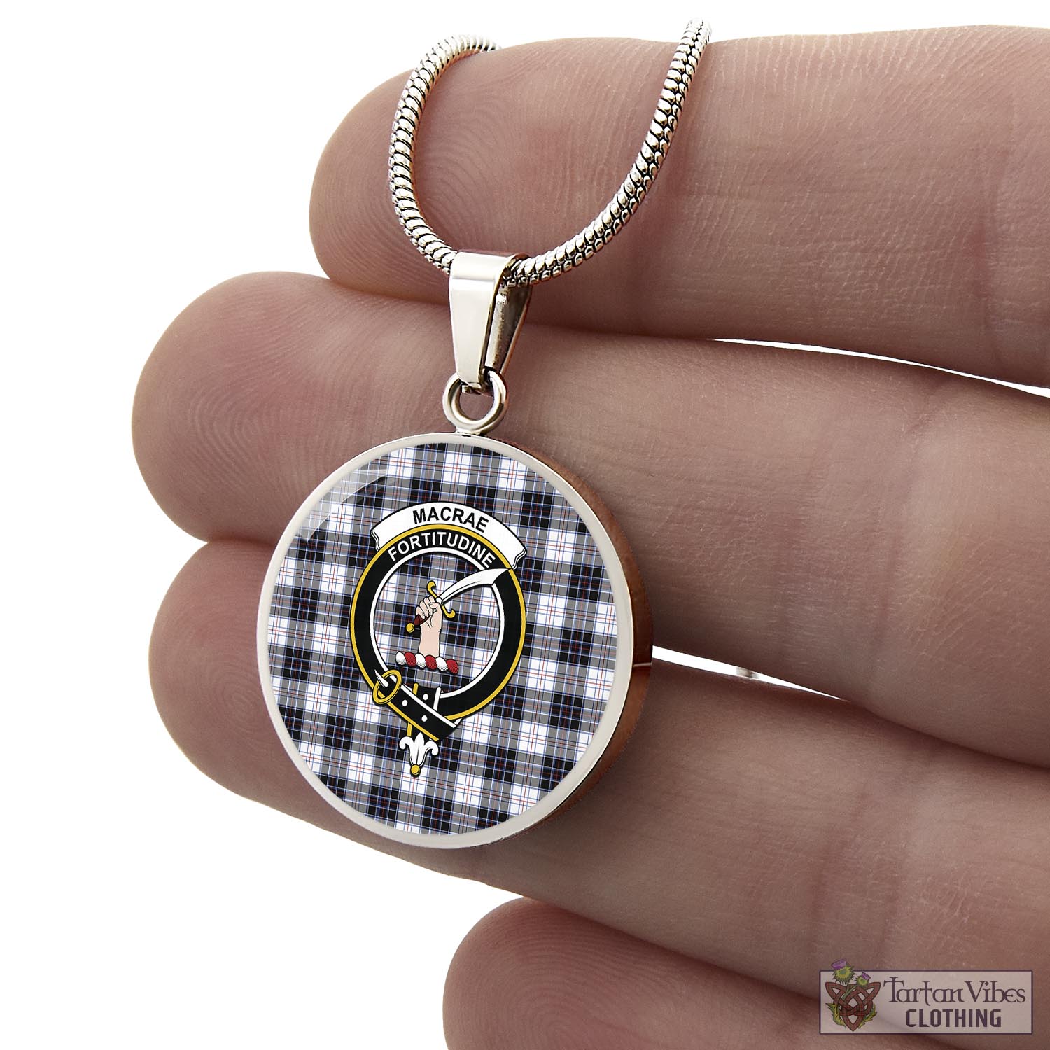 Tartan Vibes Clothing MacRae Dress Modern Tartan Circle Necklace with Family Crest