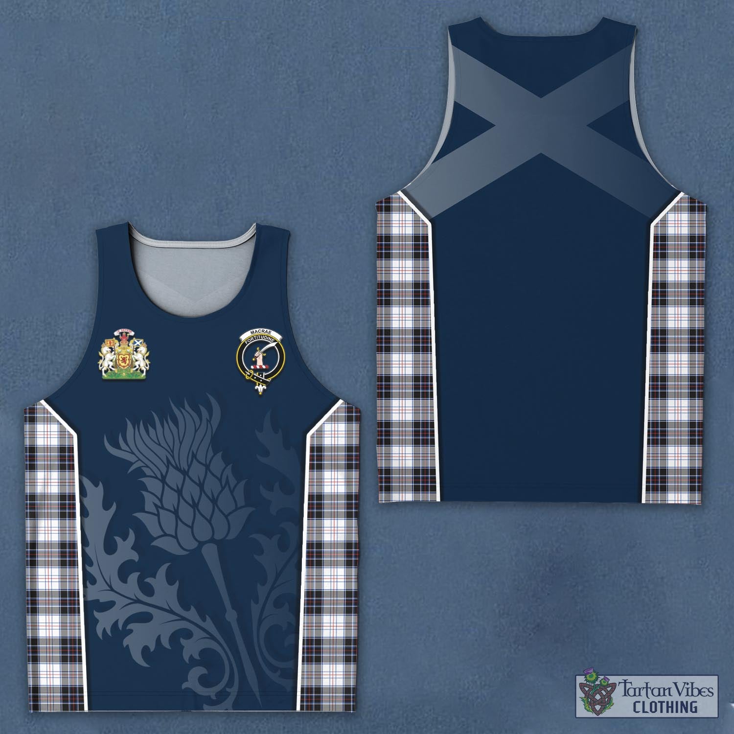 Tartan Vibes Clothing MacRae Dress Modern Tartan Men's Tanks Top with Family Crest and Scottish Thistle Vibes Sport Style