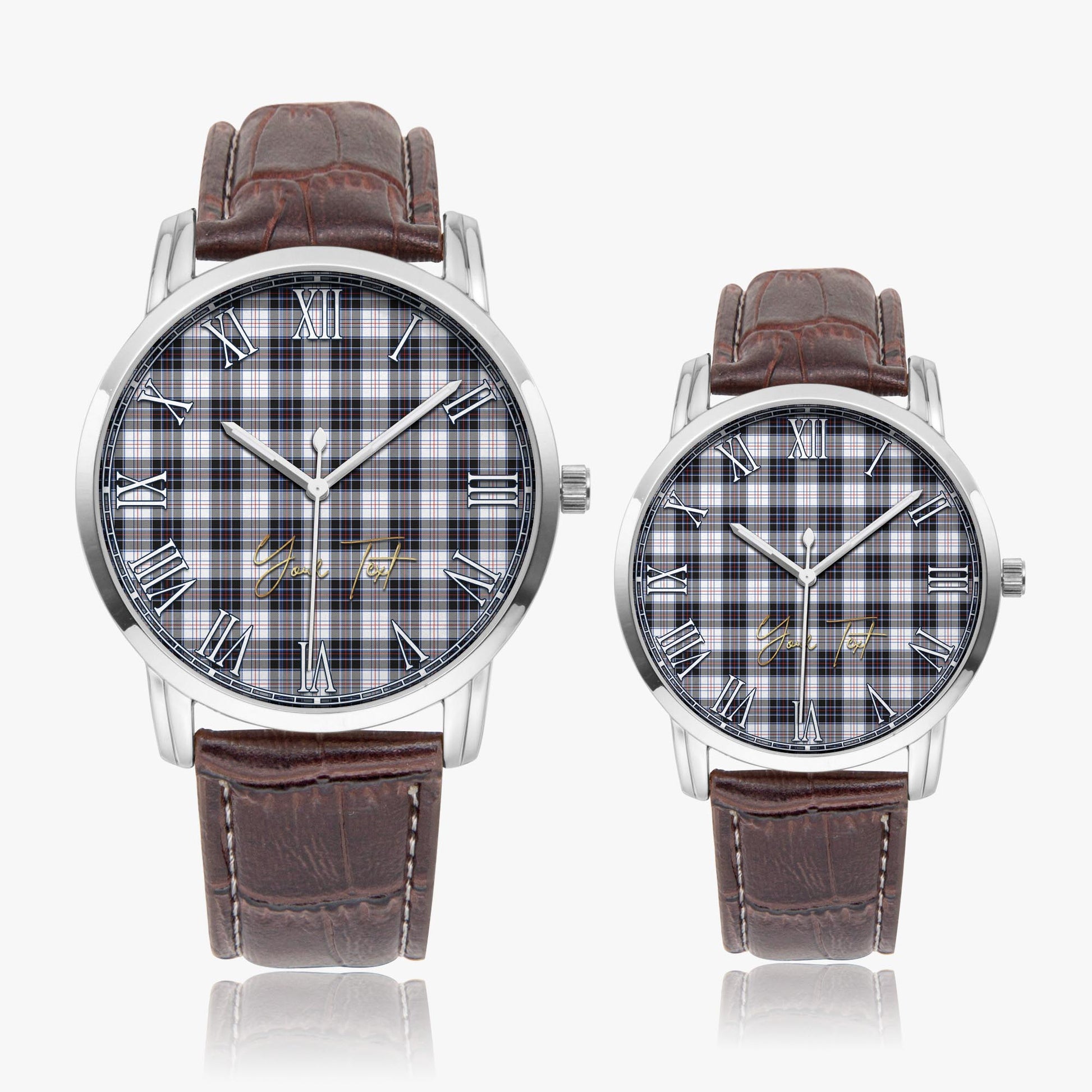 MacRae Dress Modern Tartan Personalized Your Text Leather Trap Quartz Watch Wide Type Silver Case With Brown Leather Strap - Tartanvibesclothing