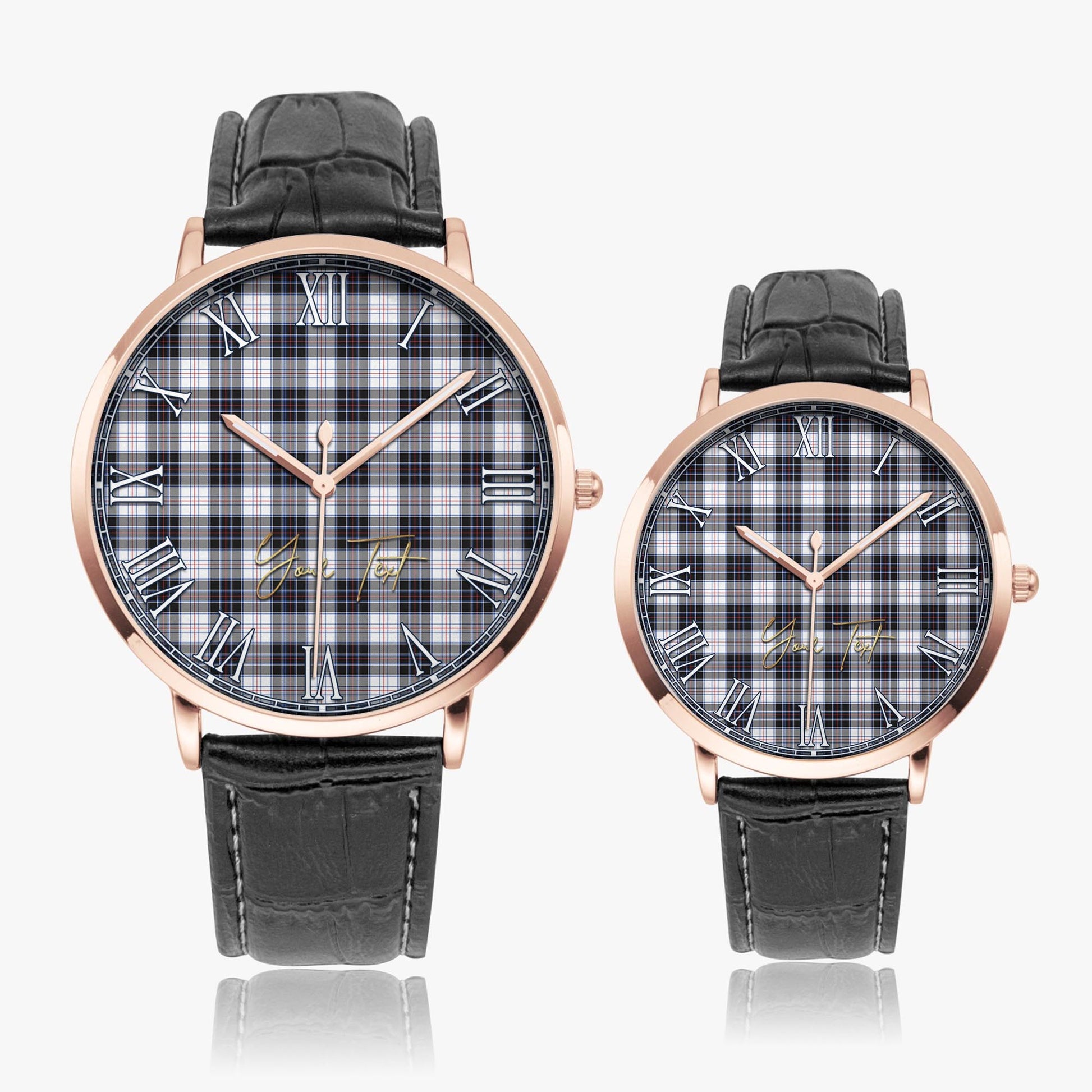 MacRae Dress Modern Tartan Personalized Your Text Leather Trap Quartz Watch Ultra Thin Rose Gold Case With Black Leather Strap - Tartanvibesclothing