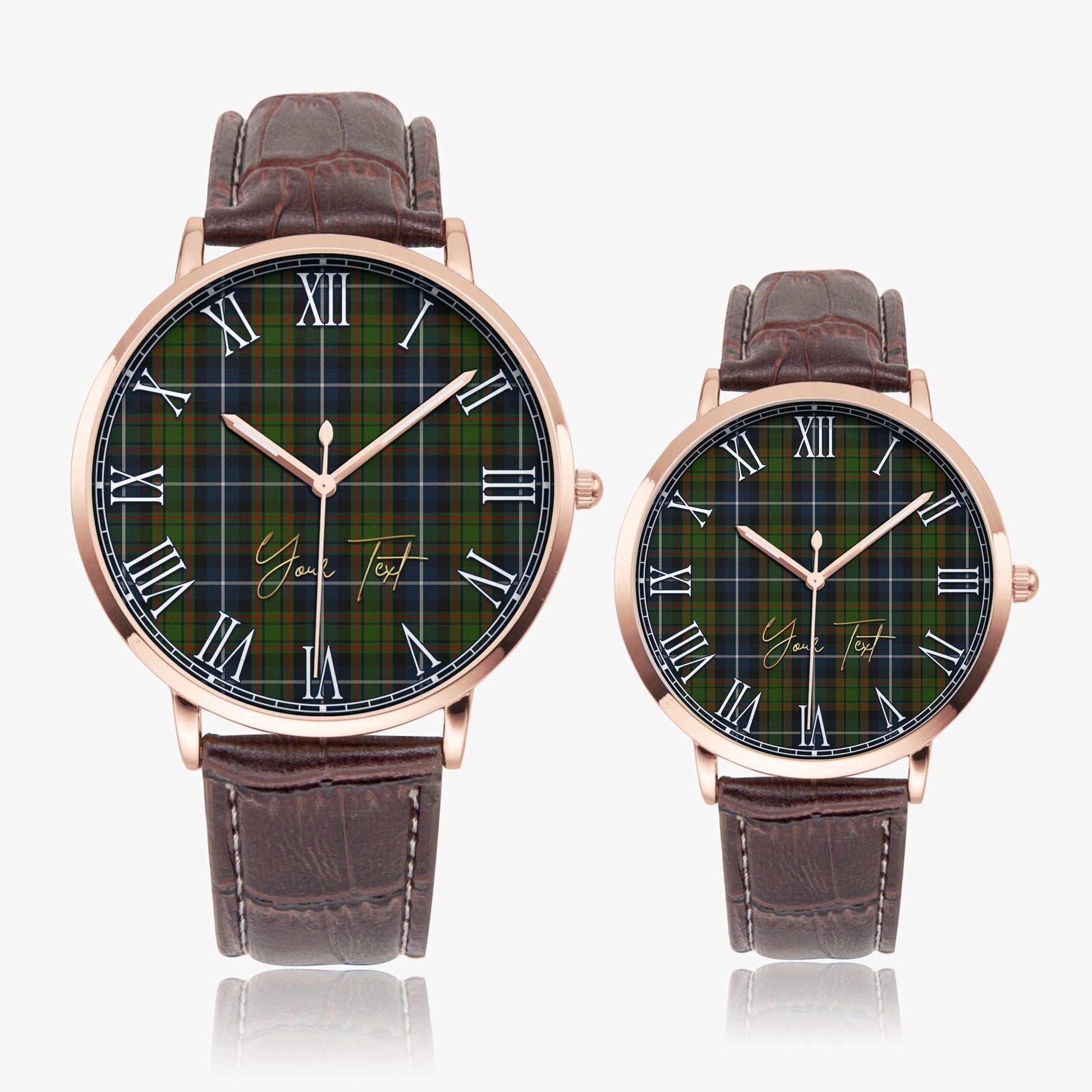 MacRae Hunting Tartan Personalized Your Text Leather Trap Quartz Watch Ultra Thin Rose Gold Case With Brown Leather Strap - Tartanvibesclothing