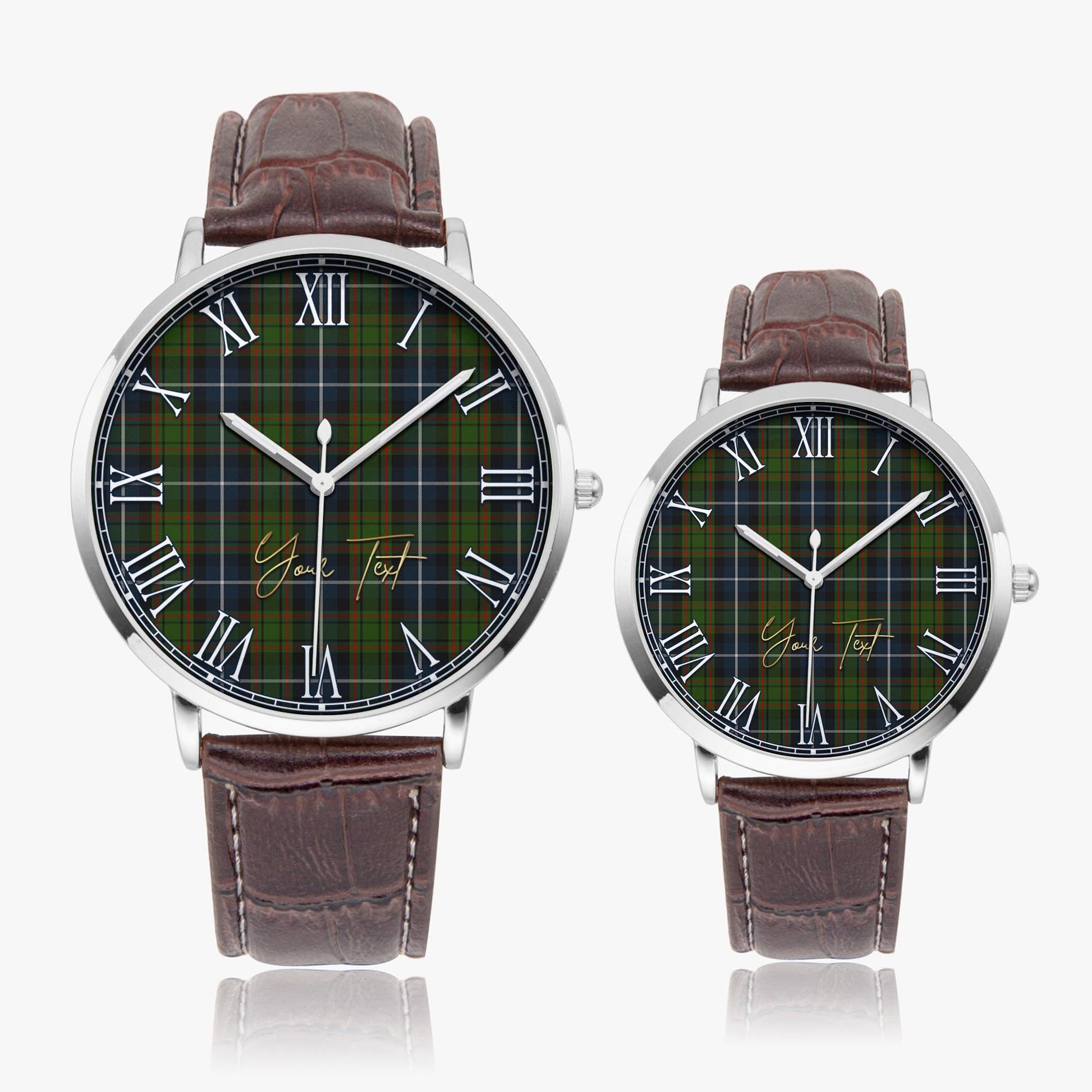 MacRae Hunting Tartan Personalized Your Text Leather Trap Quartz Watch Ultra Thin Silver Case With Brown Leather Strap - Tartanvibesclothing