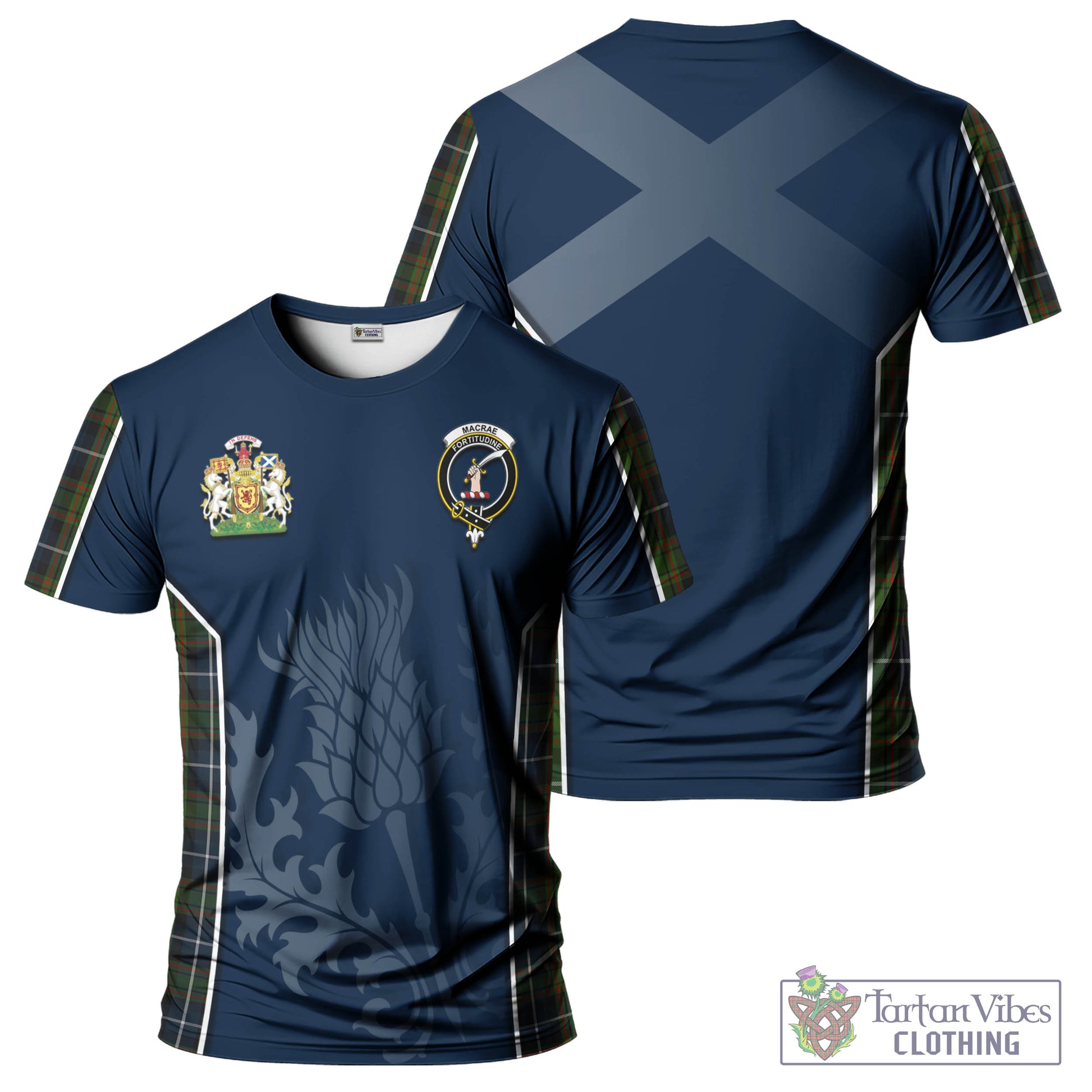 Tartan Vibes Clothing MacRae Hunting Tartan T-Shirt with Family Crest and Scottish Thistle Vibes Sport Style