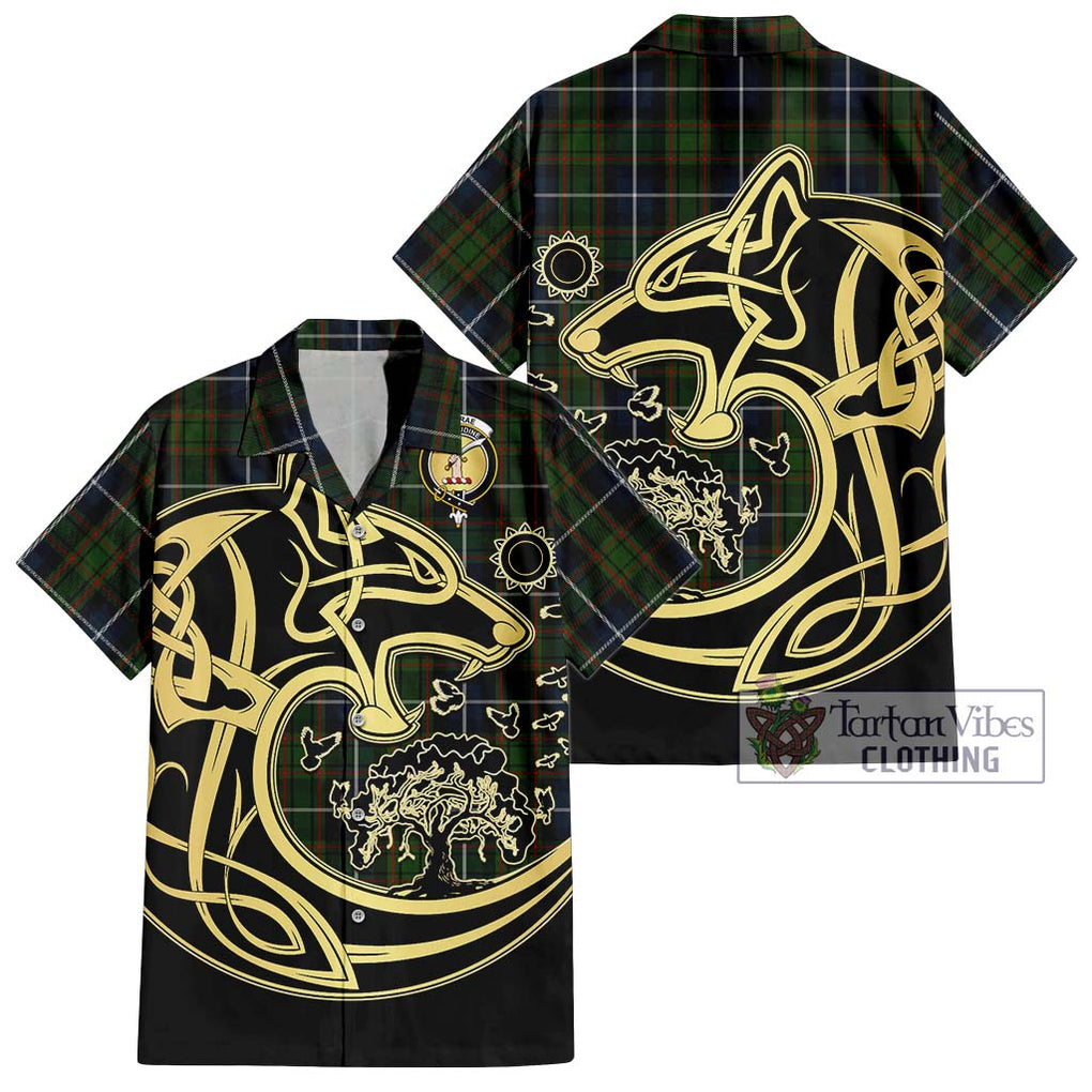 MacRae Hunting Tartan Short Sleeve Button Shirt with Family Crest Celtic Wolf Style Kid - Tartan Vibes Clothing