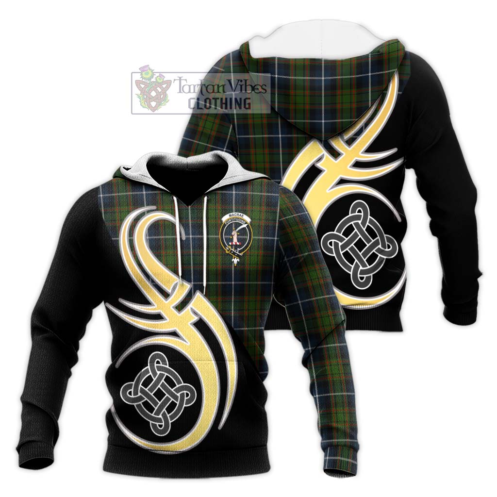 Tartan Vibes Clothing MacRae Hunting Tartan Knitted Hoodie with Family Crest and Celtic Symbol Style