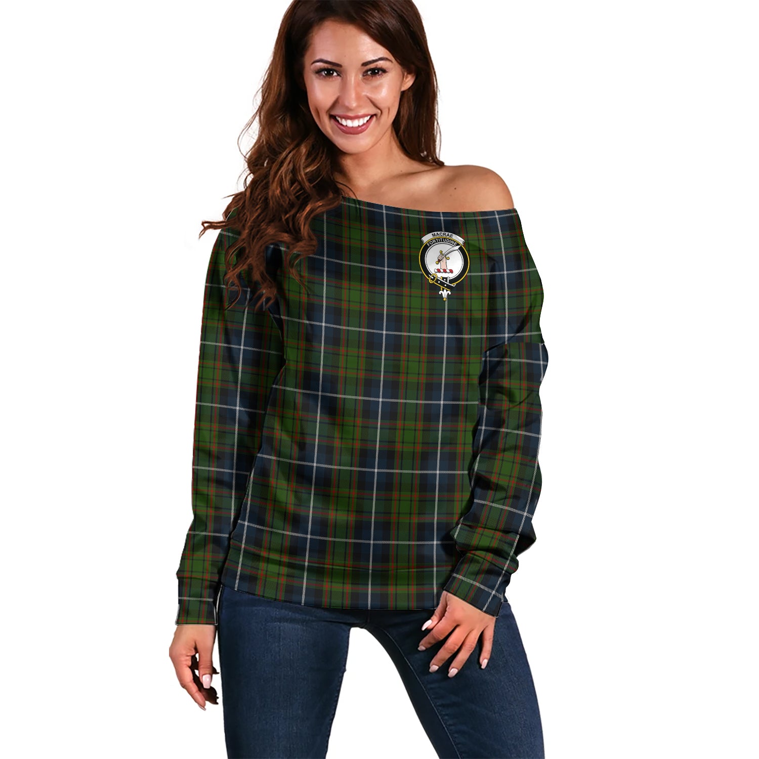 MacRae Hunting Tartan Off Shoulder Women Sweater with Family Crest Women - Tartanvibesclothing