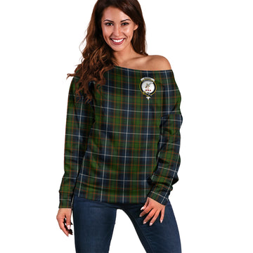 MacRae Hunting Tartan Off Shoulder Women Sweater with Family Crest