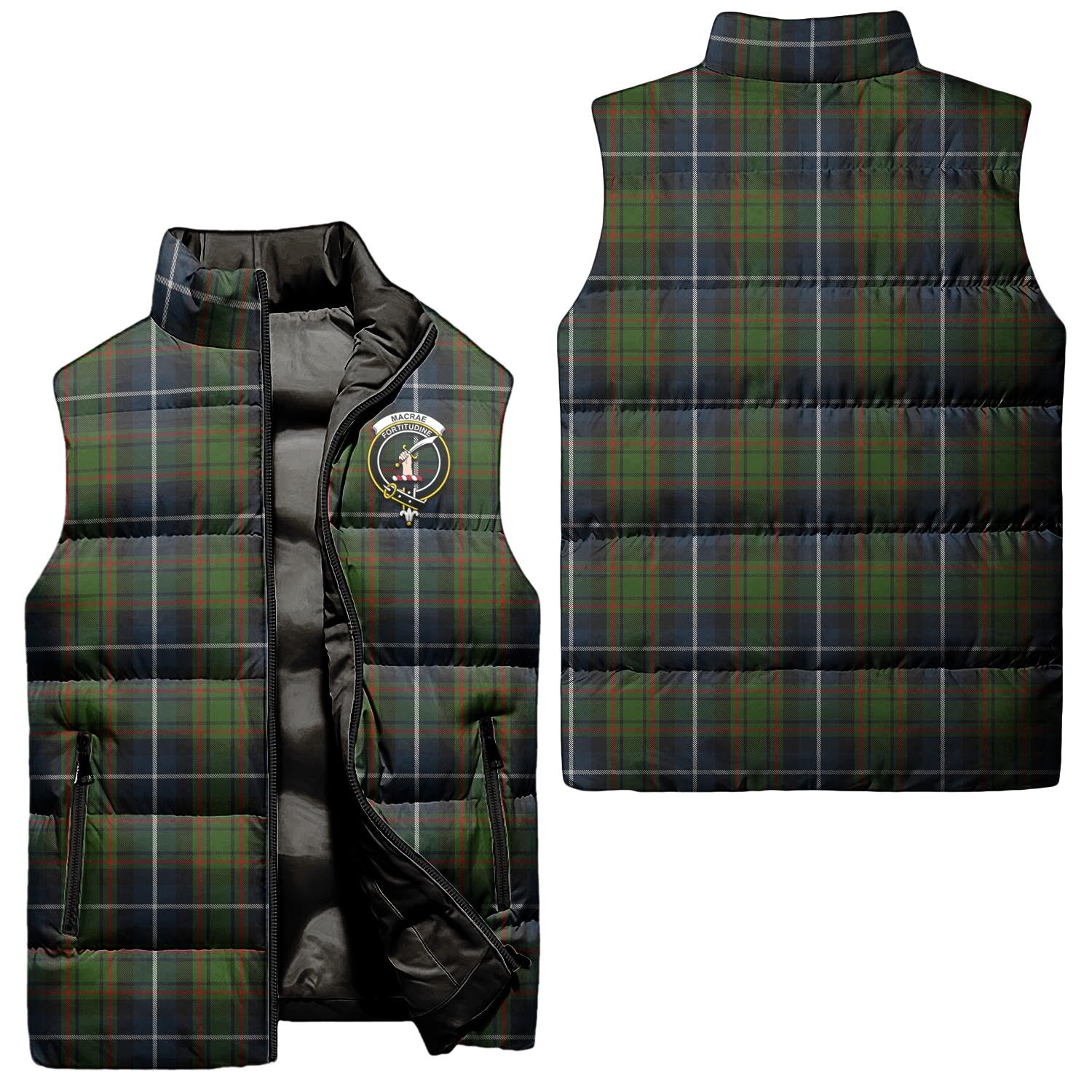 MacRae Hunting Tartan Sleeveless Puffer Jacket with Family Crest Unisex - Tartanvibesclothing