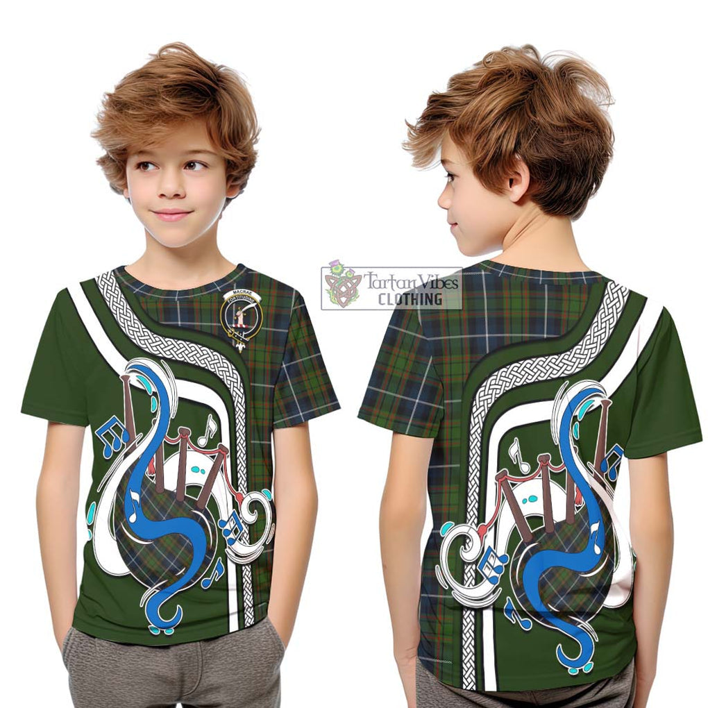 Tartan Vibes Clothing MacRae Hunting Tartan Kid T-Shirt with Epic Bagpipe Style