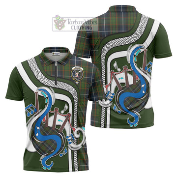 MacRae Hunting Tartan Zipper Polo Shirt with Epic Bagpipe Style