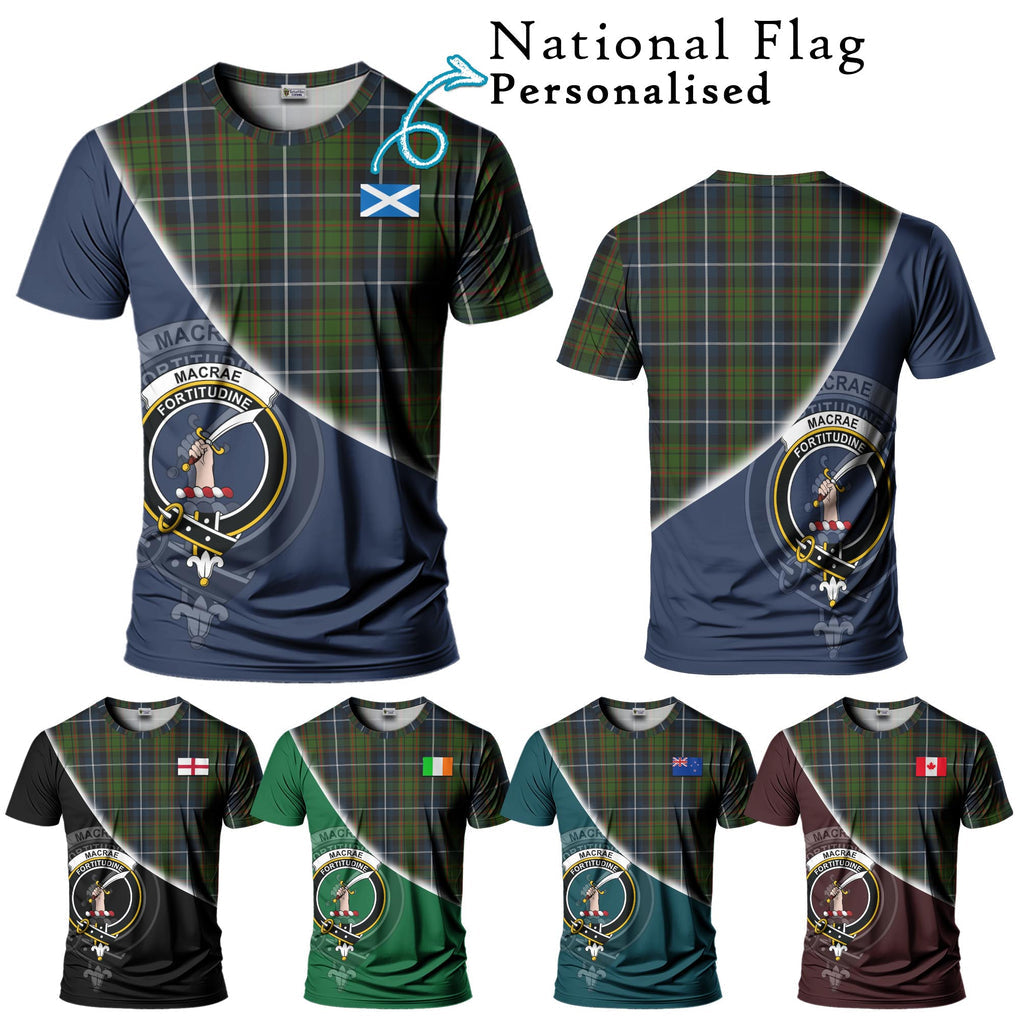 MacRae Hunting Tartan T-Shirt with Personalised National Flag and Family Crest Half Style Kid's Shirt - Tartanvibesclothing Shop