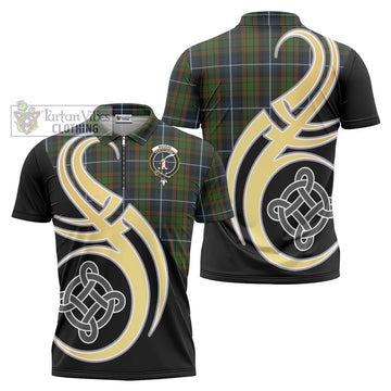MacRae Hunting Tartan Zipper Polo Shirt with Family Crest and Celtic Symbol Style