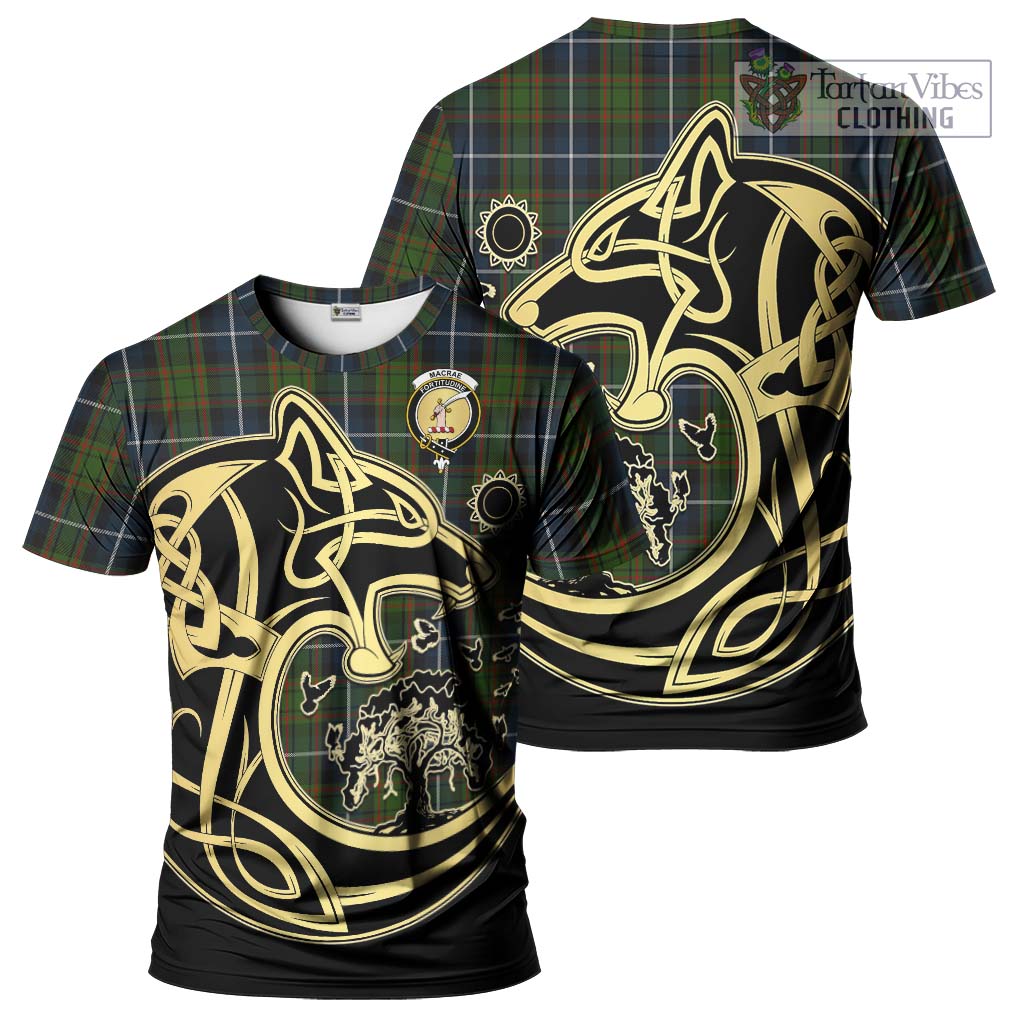 Tartan Vibes Clothing MacRae Hunting Tartan T-Shirt with Family Crest Celtic Wolf Style