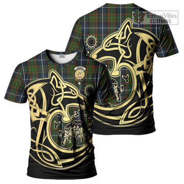 MacRae Hunting Tartan T-Shirt with Family Crest Celtic Wolf Style