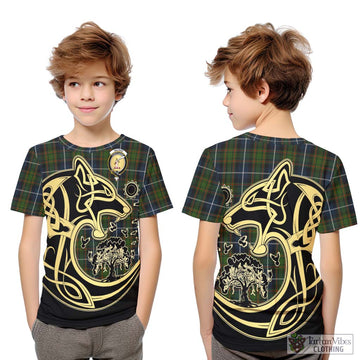 MacRae Hunting Tartan Kid T-Shirt with Family Crest Celtic Wolf Style
