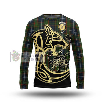 MacRae Hunting Tartan Long Sleeve T-Shirt with Family Crest Celtic Wolf Style
