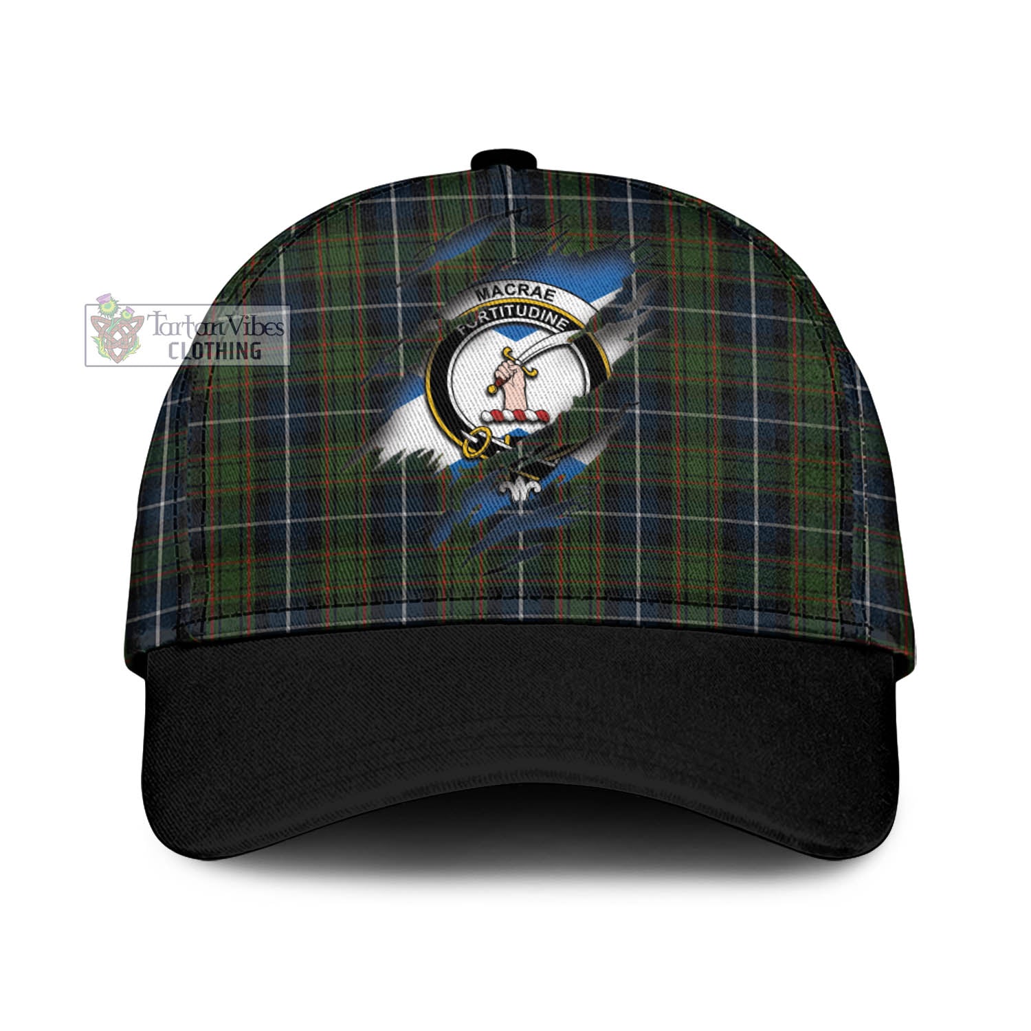 Tartan Vibes Clothing MacRae Hunting Tartan Classic Cap with Family Crest In Me Style
