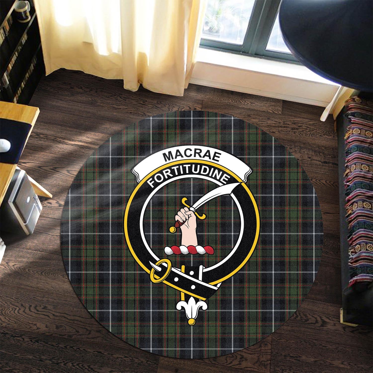 macrae-hunting-tartan-round-rug-with-family-crest
