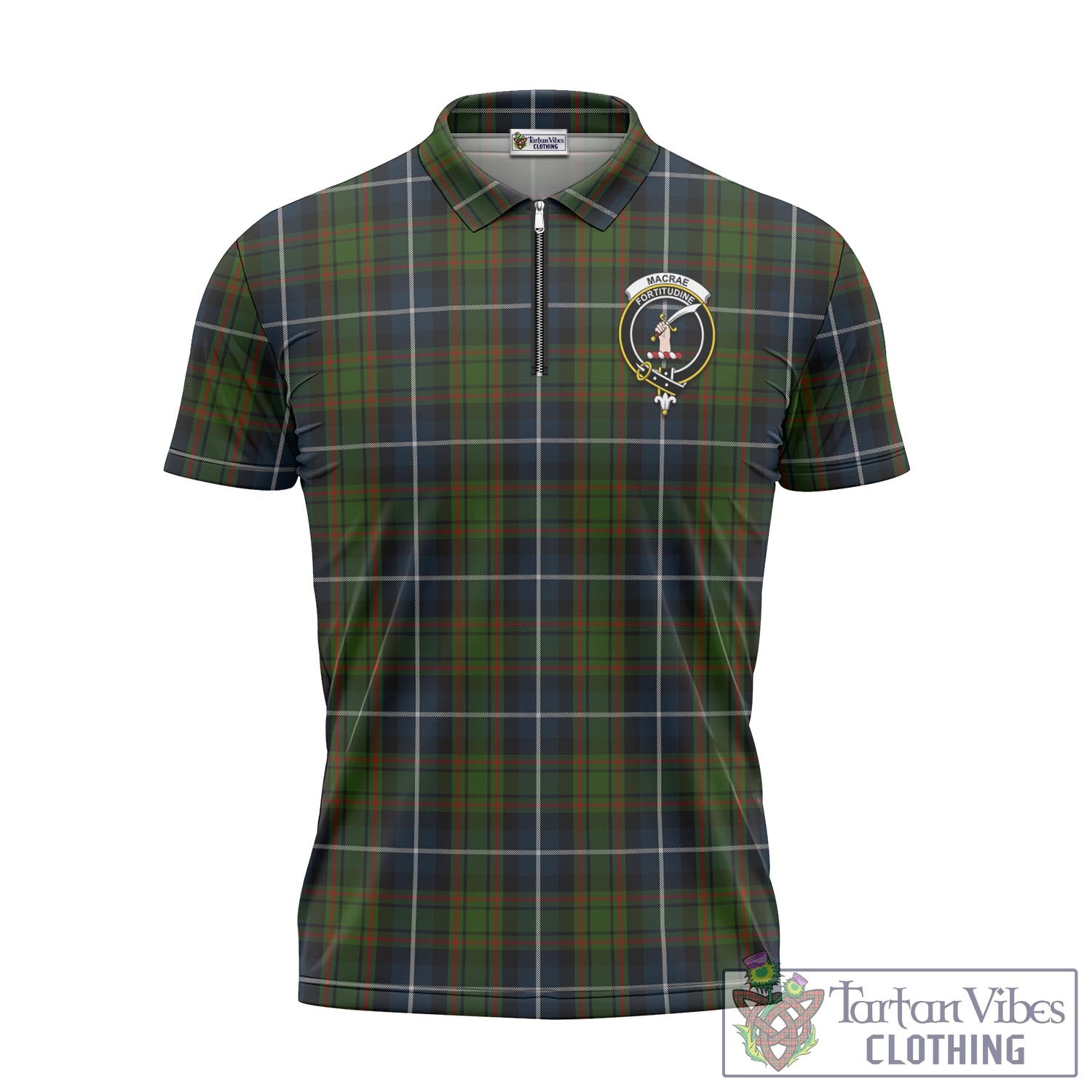 Tartan Vibes Clothing MacRae Hunting Tartan Zipper Polo Shirt with Family Crest