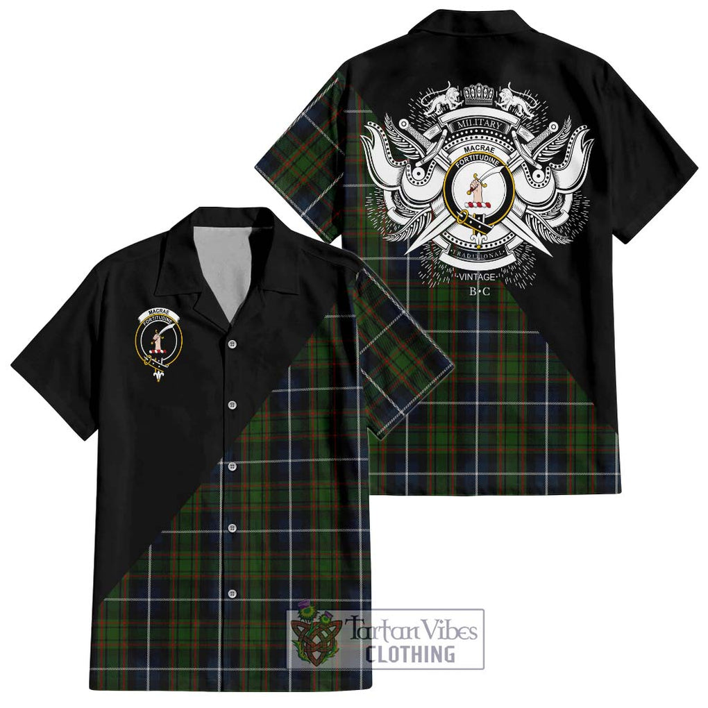 MacRae Hunting Tartan Short Sleeve Button Shirt with Family Crest and Military Logo Style Kid - Tartanvibesclothing Shop