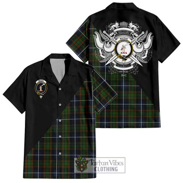 MacRae Hunting Tartan Short Sleeve Button Shirt with Family Crest and Military Logo Style