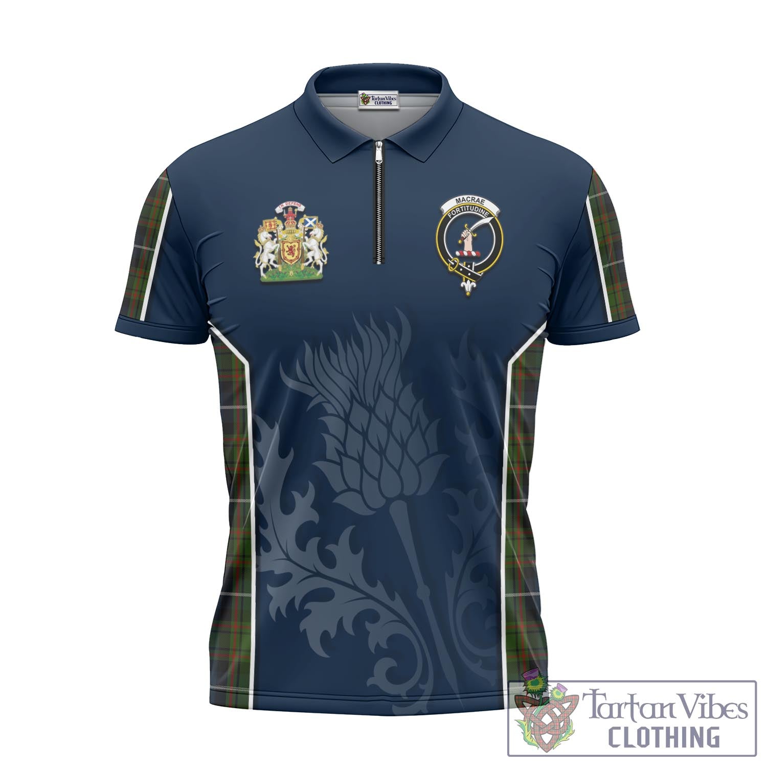 Tartan Vibes Clothing MacRae Hunting Tartan Zipper Polo Shirt with Family Crest and Scottish Thistle Vibes Sport Style