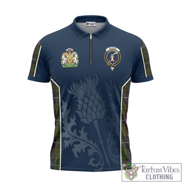 MacRae Hunting Tartan Zipper Polo Shirt with Family Crest and Scottish Thistle Vibes Sport Style