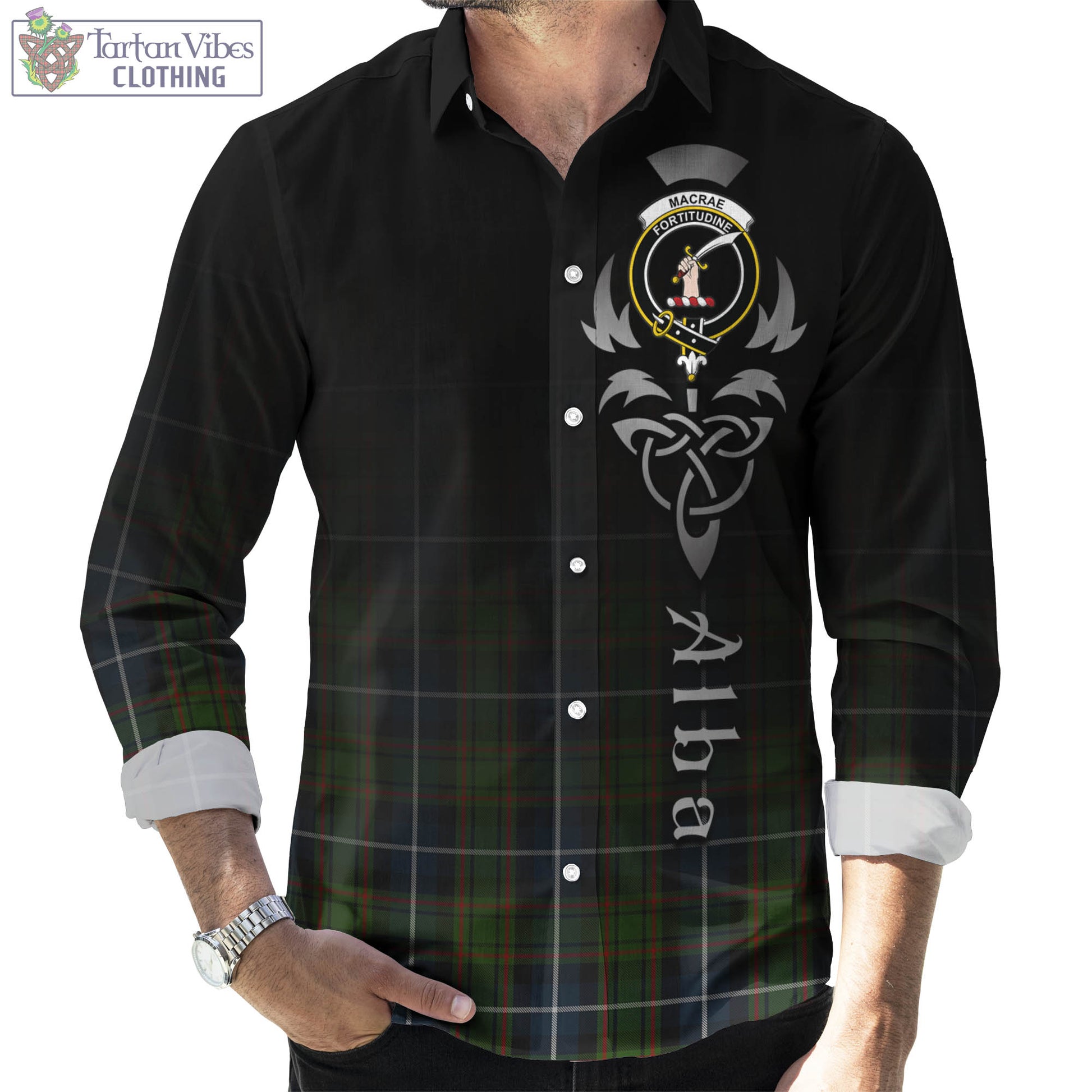 Tartan Vibes Clothing MacRae Hunting Tartan Long Sleeve Button Up Featuring Alba Gu Brath Family Crest Celtic Inspired