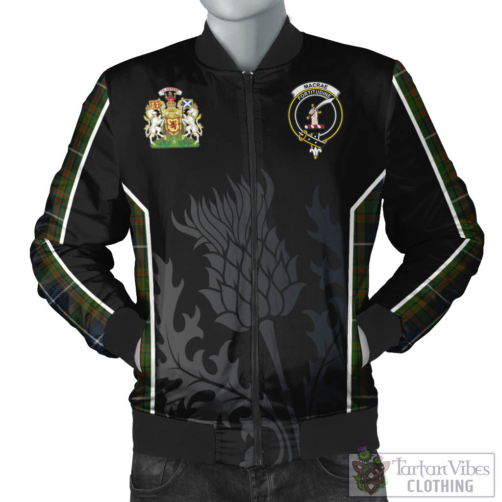 Tartan Vibes Clothing MacRae Hunting Tartan Bomber Jacket with Family Crest and Scottish Thistle Vibes Sport Style