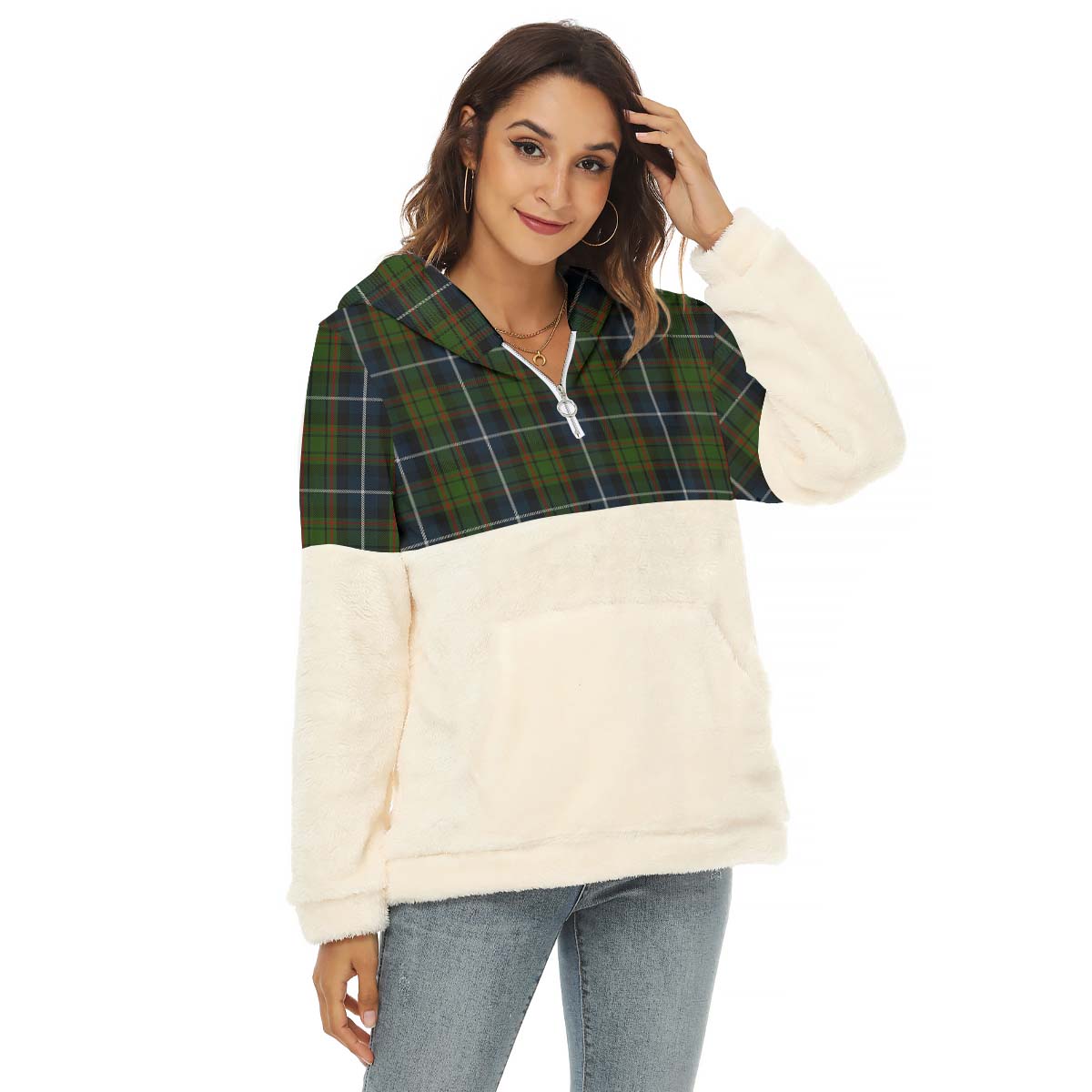 MacRae Hunting Tartan Women's Borg Fleece Hoodie With Half Zip Female - Tartan Vibes Clothing