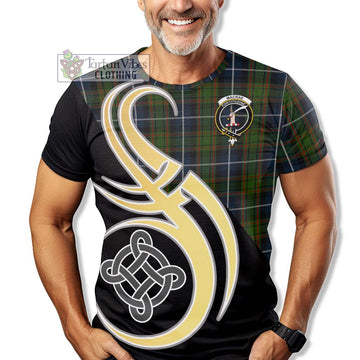 MacRae Hunting Tartan T-Shirt with Family Crest and Celtic Symbol Style