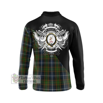 MacRae Hunting Tartan Long Sleeve Polo Shirt with Family Crest and Military Logo Style