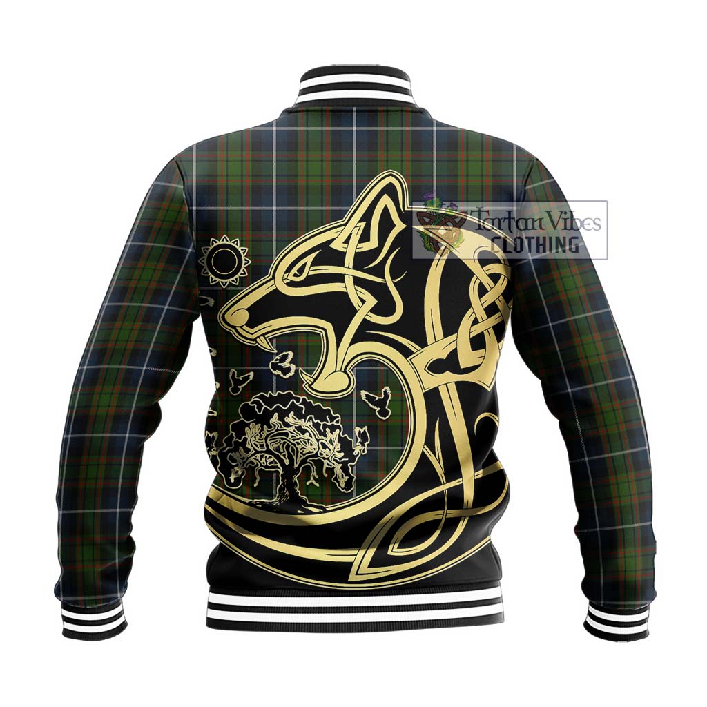 Tartan Vibes Clothing MacRae Hunting Tartan Baseball Jacket with Family Crest Celtic Wolf Style