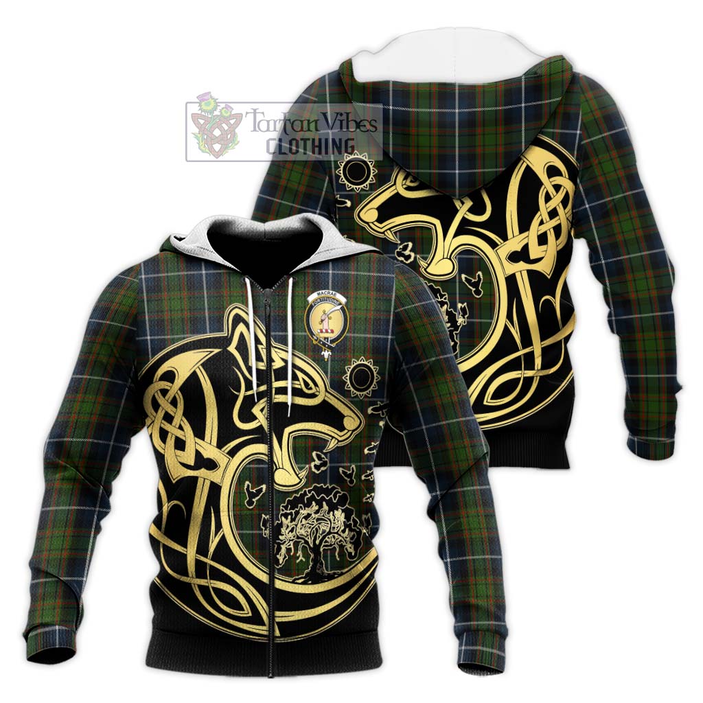 Tartan Vibes Clothing MacRae Hunting Tartan Knitted Hoodie with Family Crest Celtic Wolf Style